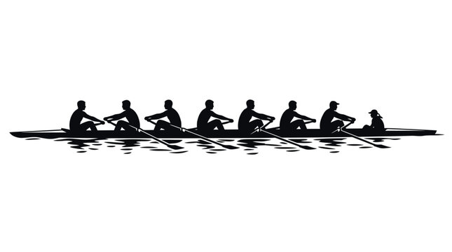 Silhouette of a rowing team in a long boat with oars moving through calm water