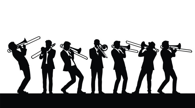 A group of male musicians playing shiny brass trombones in a stylish black silhouette art design