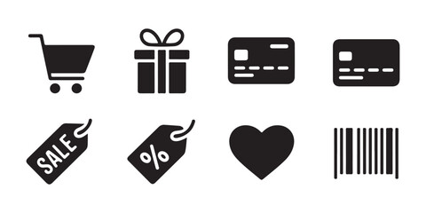 Shopping and commerce interface icons set featuring shopping cart gift cards and discount labels. © Mukti