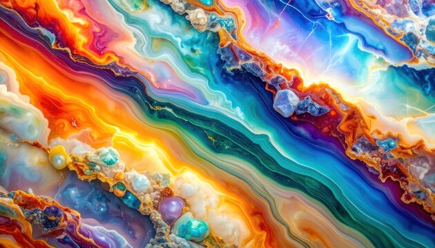 A vibrant, abstract close-up of flowing, multicolored agate with crystal formations.