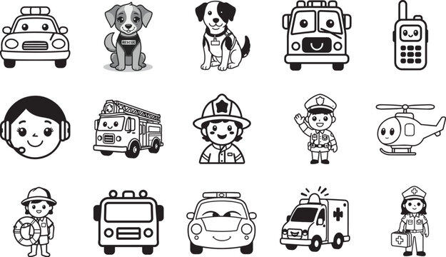 A collection of black and white cartoon icons depicting emergency services, including police cars, fire trucks, ambulances, helicopters, and uniformed personnel like police officers, firefighters.