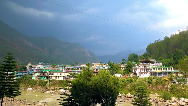 Dynamic timelapse showcasing the stunning landscapes of Uttarkashi district in Uttarakhand, India. Moving clouds, changing light, and the majestic Himalayan surroundings.