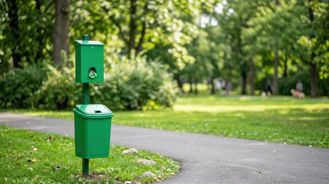 A green dog waste station stands in a public park, providing bags and a disposal container for pet sanitation. The scene highlights environmental responsibility, cleanliness, and responsible pet owner