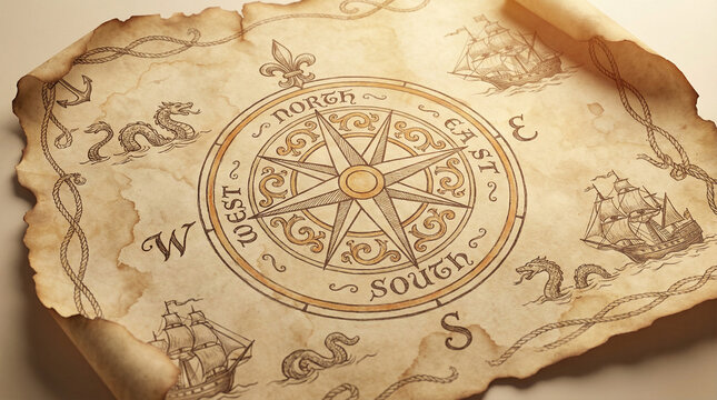 Vintage Compass Rose Navigation Map Illustration Aged. Ornate compass rose illustration on aged parchment with nautical details, warm brown tones