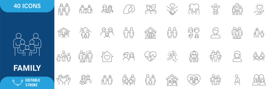 Family icon set. Contain icons related to parenthood, grandparents, children, adoption, and more. Editable stroke. Vector illustration