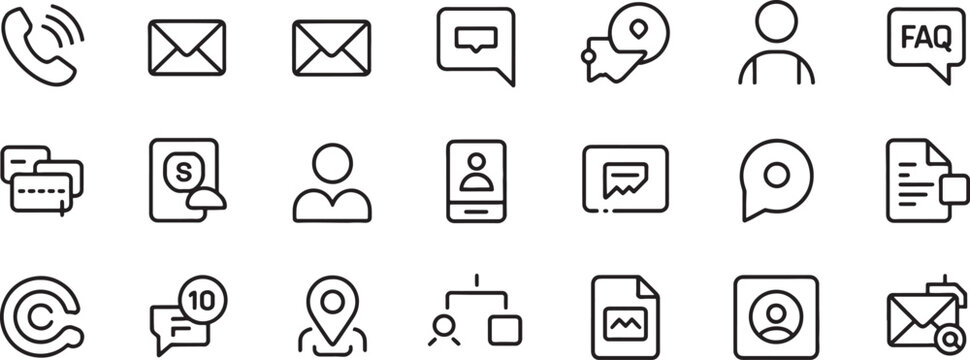 Customer Support Line Icons Set Featuring Phone, Email, Chat, Faq, Notifications, Documents, and Folder Interface Symbols
