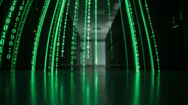Binary Code Data Stream Green Matrix Digital Rain. Cascading green binary digits creating vertical data stream effect on black background