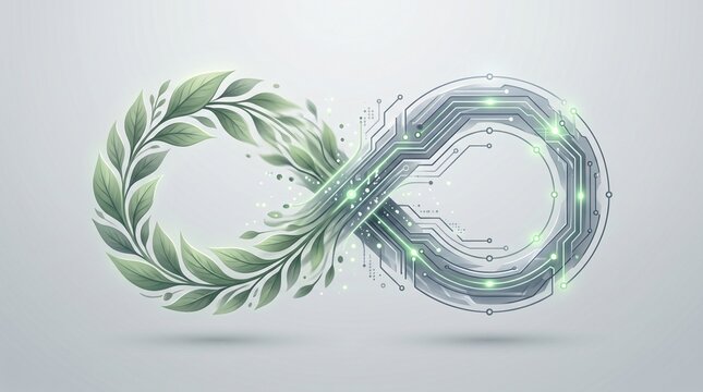 Infinity Symbol of Green Leaves and Technology Circuit Board