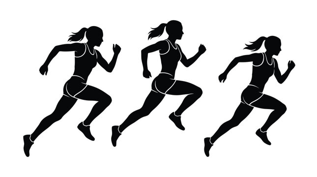 Three black silhouettes of a female runner sprinting in athletic gear on a clean white background