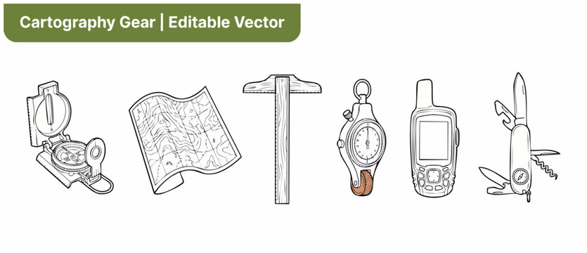 Cartography gear vector icons set featuring compass, topographic map, T-square ruler, map measurer, handheld GPS navigator, and multi-tool pocket knife for outdoor navigation, mapping, and surveying.