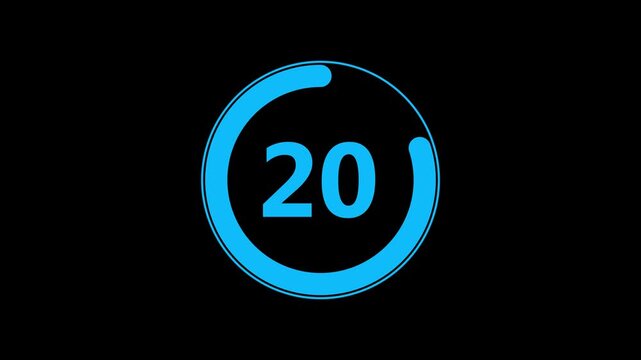 Circle countdown timer one minute animation from 25 to 0 second animation with alpha channel, 25 second countdown timer, Countdown video on black background.
