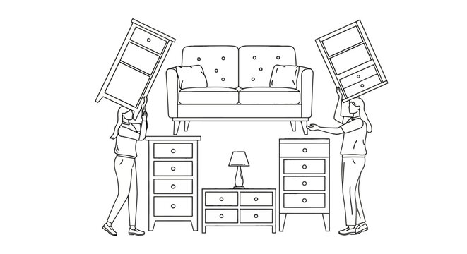 Two people moving furniture upstairs slowly.