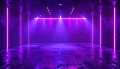An empty futuristic room illuminated by vibrant purple neon lights and spotlights.