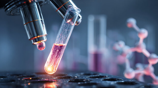 A close-up view of a laboratory test tube filled with vibrant liquid, illuminated by a soft glow, highlighting scientific research and experimentation in a modern lab environment.