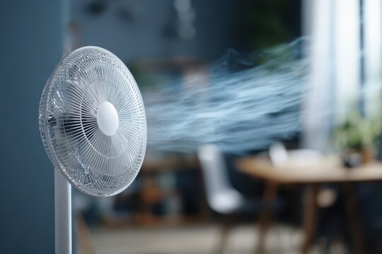 Electric fan. Portable White working fan in room, blue wall. Ventilator blower blowing cool air in modern living room, promoting fresh environment. Space for text. Air conditioner cooling mist stream