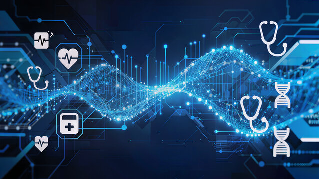 Blue healthcare technology background, flowing medical data streams, intelligent healthcare analytics, AI-powered health monitoring concept, luminous blue particles and connections, 