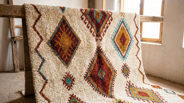Colorful Moroccan Rug Pattern Textile Close-up. Vibrant handwoven Berber carpet with diamond patterns in red, orange, yellow, and turquoise wool fibers