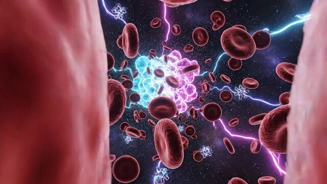 Hemoglobin molecules and red blood cells in futuristic blood flow
