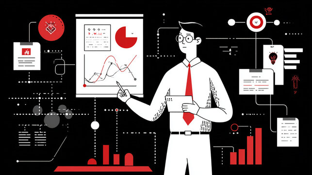 A professional man analyzing data on a digital board, showcasing graphs and statistics in a modern office environment, emphasizing the importance of data-driven decisions.