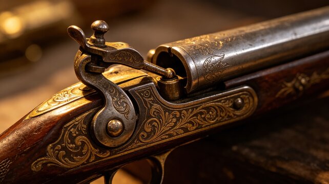 flintlock. Close-up detail of ornate flintlock pistol focusing on flint against frizzen. product launch decks, UI/UX mockups, designed for data visualization dashboards and holographic UIs.
