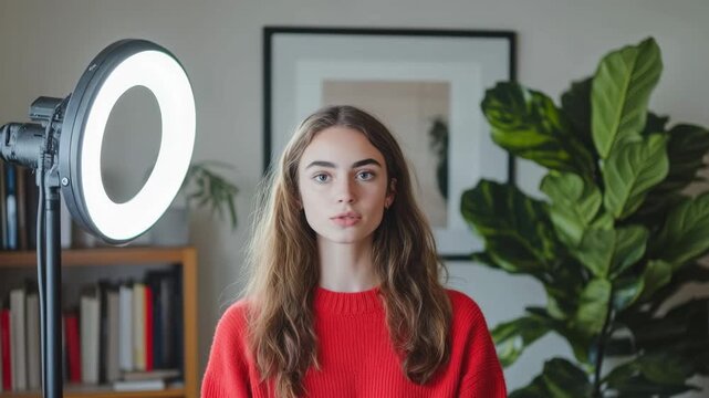 Woman recording at a ring light