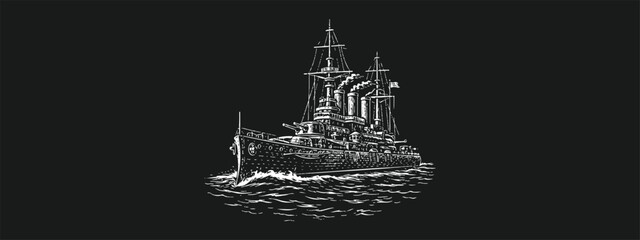 Old Warship Vintage Vector Clothing Apparel Illustration © Hasan
