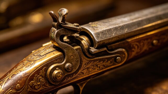 flintlock. Close-up detail of ornate flintlock pistol focusing on flint against frizzen. product launch decks, UI/UX mockups, designed for data visualization dashboards and holographic UIs.