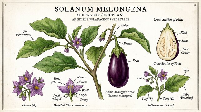 Vintage Botanical Illustration of Solanum Melongena Eggplant with Labeled Plant Anatomy