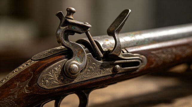 flintlock. Close-up detail of ornate flintlock pistol focusing on flint against frizzen. product launch decks, UI/UX mockups, designed for data visualization dashboards and holographic UIs.