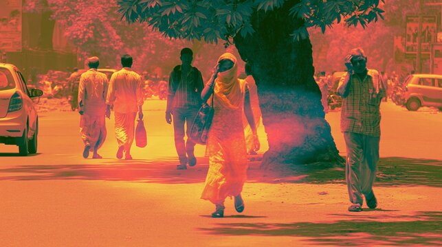 Thermal camera view of pedestrians crossing a sunbaked South Asian avenue, shimmering heat haze rising from asphalt, a young woman shielding her face with a scarf and an older man wiping sweat under a