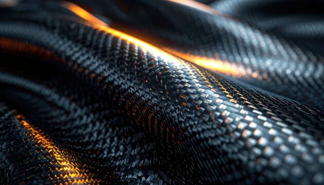 A close-up, abstract macro photograph showcases the intricate woven texture of dark, flexible material, highlighted by glowing orange light reflecting and refracting across its undulating surface.