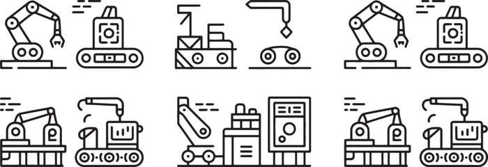 Construction Machinery Icon Set with Excavator, Crane Loader, Truck and Forklift Line Art on White Background © md