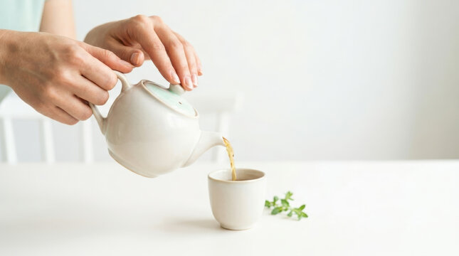 Hands pouring freshly brewed herbal tea into a cup