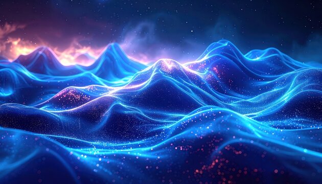 An abstract landscape of undulating, glowing blue waves under a starry, nebulous sky.