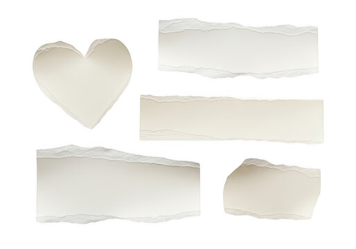 Collection of various torn paper scraps including heart shape isolated on transparent background set