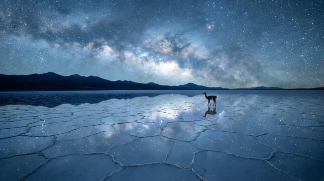 Stunning milky way galaxy reflection over salt flat lake with lone vicuna standing on cracked mineral crust under starry night sky creating surreal dreamlike celestial landscape and cosmic beauty.