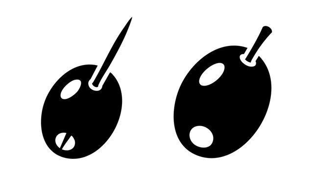 Simple black olive food icons with stems and toothpicks