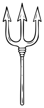 Hand-Drawn Trident Illustration Outline of Three-Pronged Spear Weapon with Staff in Detailed Artistic Style