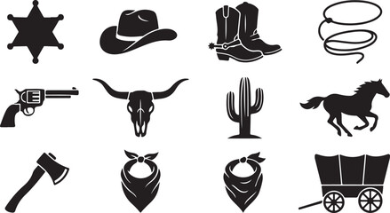 Set of Wild West icons including cowboy hat boots badge skull cactus horse and wagon silhouettes isolated on transparent background, Vector © Rana