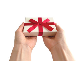 Fototapeta premium Hands holding gift box with red ribbon isolated on transparent background