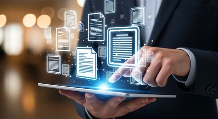 Fototapeta premium Person using tablet with holographic document documents