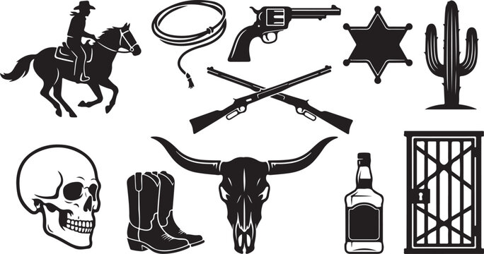 Set of black wild west cowboy icons featuring horse rider gun sheriff badge and bull skull isolated on transparent background, Vector