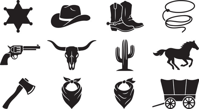 Set of Wild West icons including cowboy hat boots badge skull cactus horse and wagon silhouettes isolated on transparent background, Vector