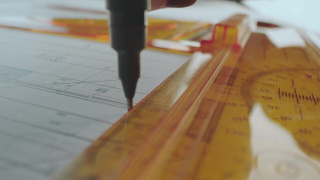 Architectural drawing on drafting table with drafting tools and pen close up, detailed blueprint.