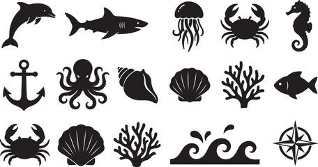 Set of black sea life icons including fish shark dolphin octopus crab and nautical elements isolated on transparent background, Vector © Rana