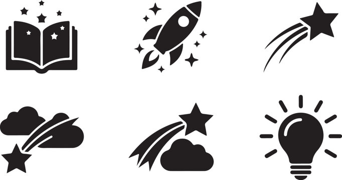 Set of black knowledge and inspiration icons including book rocket star and light bulb symbols isolated on transparent background, Vector