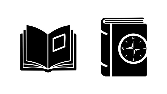 Open reference book and closed travel guide with compass