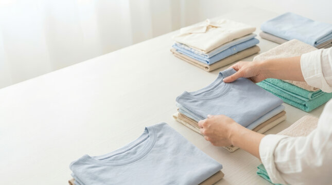 Hands sorting freshly laundered clothing for organization