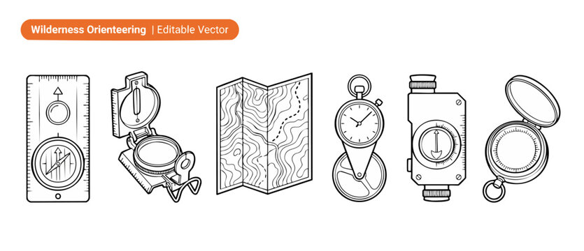 Compass and topographic map vector set for wilderness navigation, hiking, travel planning, outdoor orienteering, scouting, and geodesic surveying. Simple line outline icons for adventure travel tools.