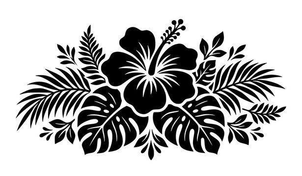 Hawaiian Hibiscus Floral Stencil Black Vector Illustration